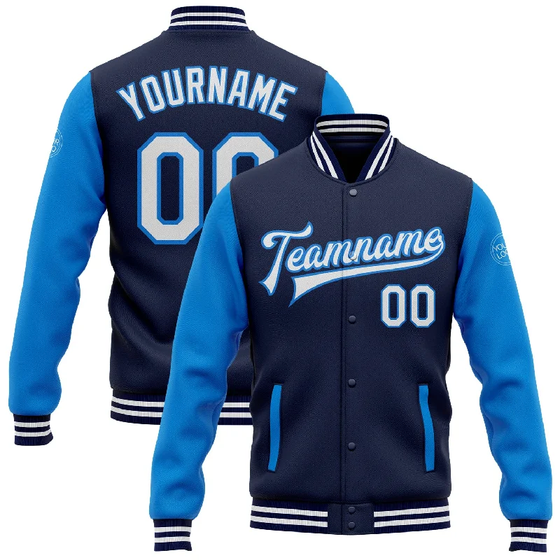 Comfortable Gender-Free Fashion Choices Browse Our Top Products Custom Navy White-Powder Blue Bomber Full-Snap Varsity Letterman Two Tone Jacket