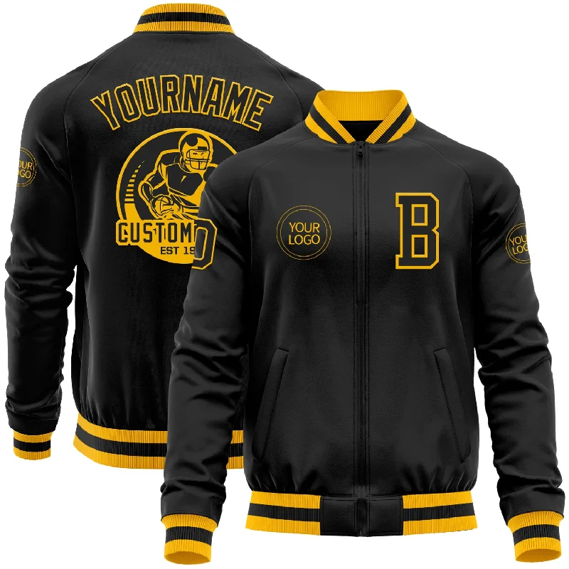 Classic And Timeless Unisex Style Sleek Style Discounts Custom Black Gold Bomber Varsity Letterman Zipper Jacket