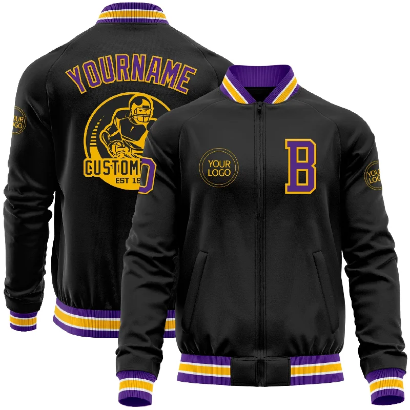 Unisex Everyday Fashion Essentials Hot Picks Custom Black Purple-Gold Bomber Varsity Letterman Zipper Jacket