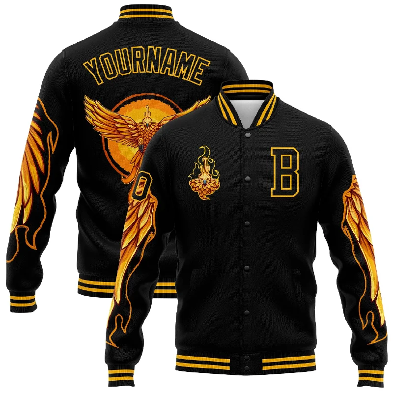 Urban-Inspired Unisex Fashion Pieces Elevated Casual Discounts Custom Black Gold Fire Phoenix 3D Pattern Design Bomber Full-Snap Varsity Letterman Jacket