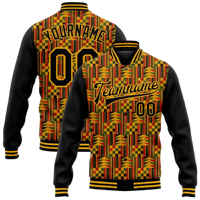 Elegant And Minimal Gender-Free Clothing Fashion Forward, Function First Custom Black Gold Red-Kelly Green Black History Month 3D Pattern Design Bomber Full-Snap Varsity Letterman Jacket