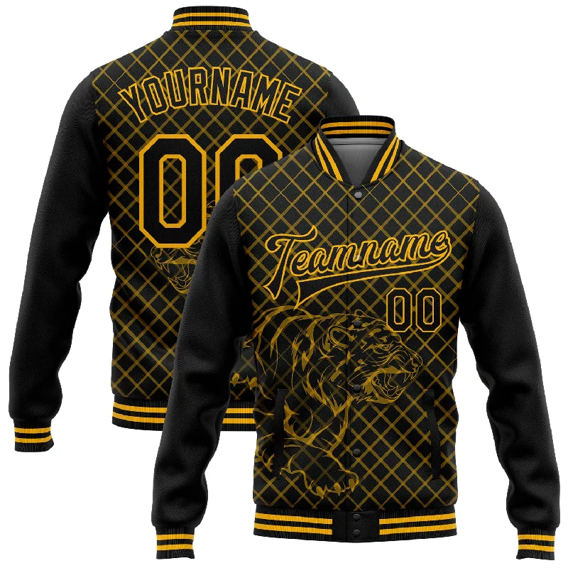 All-Season Unisex Clothing Collection Sustainable Fashion Extravaganza Custom Black Gold Check And Tiger 3D Pattern Design Bomber Full-Snap Varsity Letterman Jacket