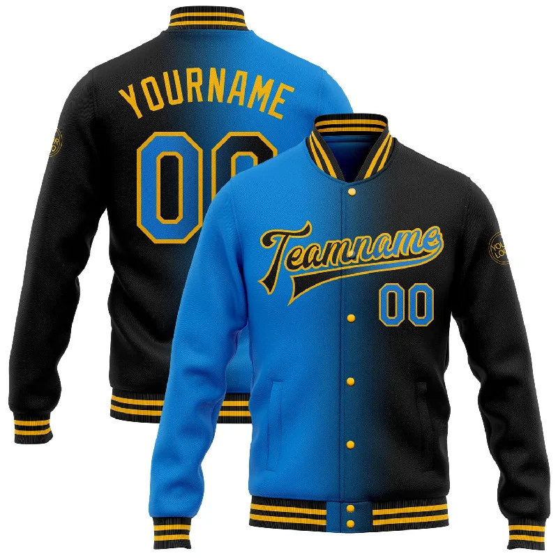 Breathable And Lightweight Unisex Wear Feminine Style Promotions Custom Black Powder Blue-Gold Bomber Full-Snap Varsity Letterman Gradient Fashion Jacket