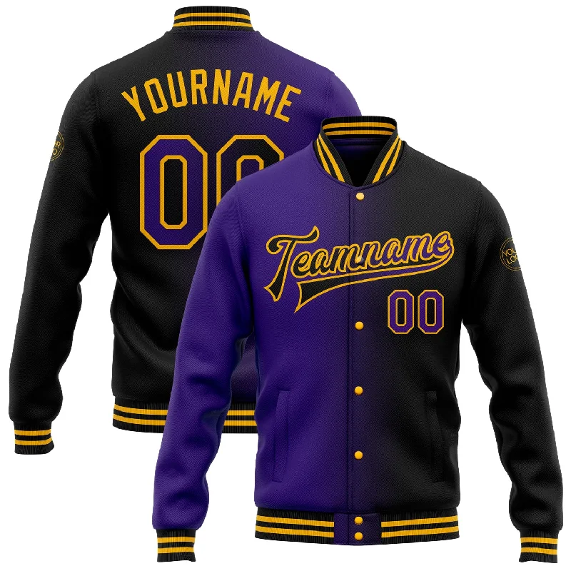 Fashion-Forward Gender-Neutral Outerwear Trend Alert Custom Black Purple-Gold Bomber Full-Snap Varsity Letterman Gradient Fashion Jacket