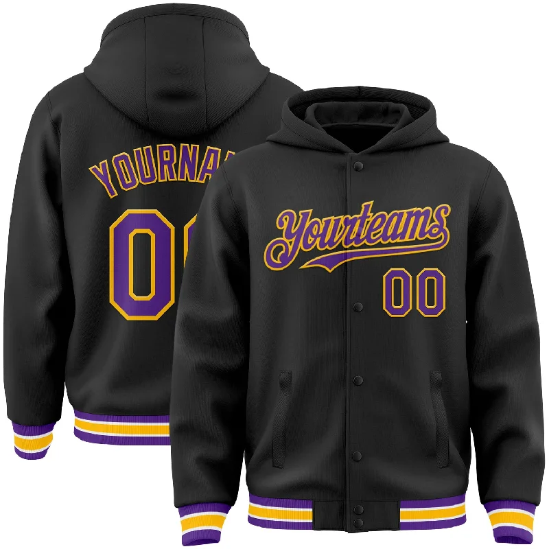 Versatile Gender-Free Wardrobe Essentials Fresh Styles, Fresh Deals Custom Black Purple-Gold Bomber Full-Snap Varsity Letterman Hoodie Jacket