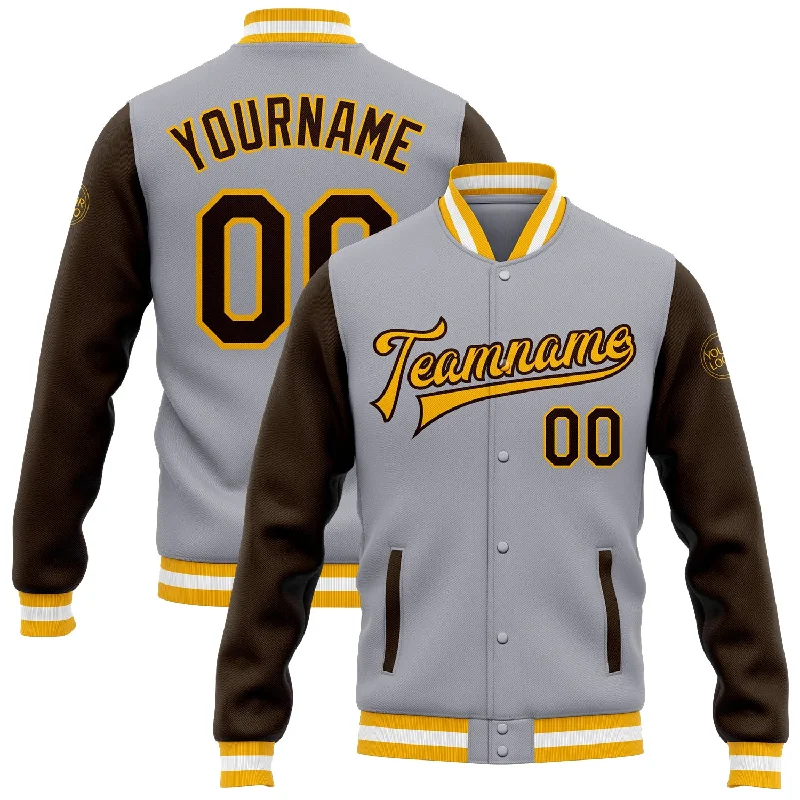 Trendy Unisex Limited Time Offer Custom Gray Brown-Gold Bomber Full-Snap Varsity Letterman Two Tone Jacket