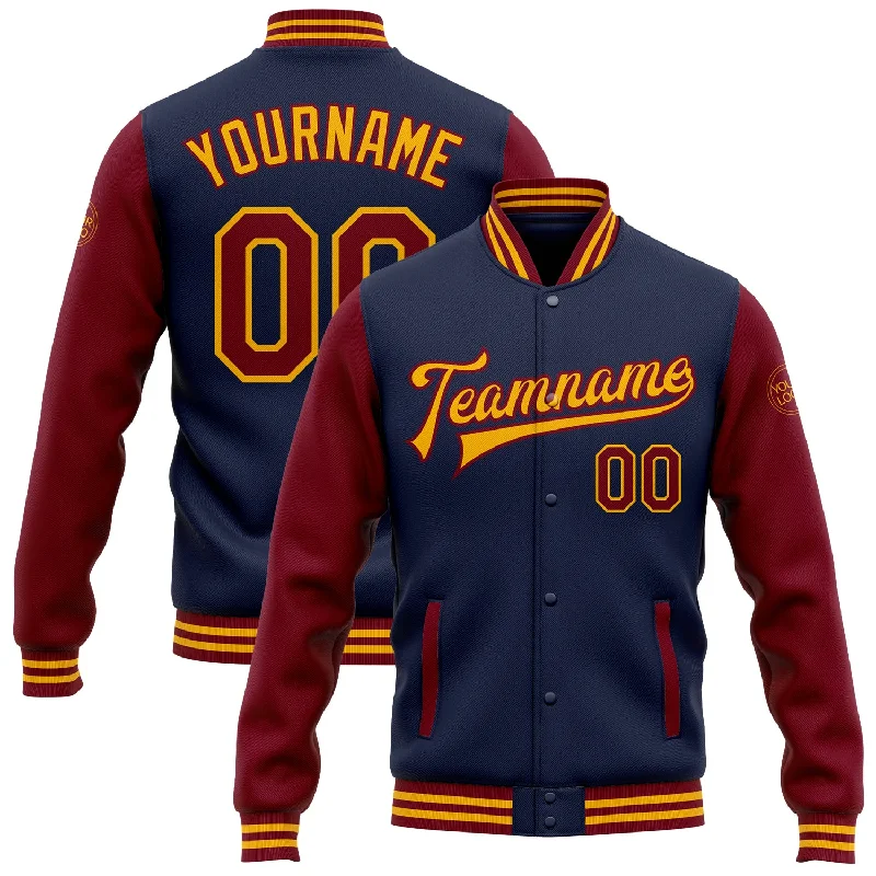 Classic And Timeless Gender-Neutral Fashion Spring Offer Custom Navy Crimson-Gold Bomber Full-Snap Varsity Letterman Two Tone Jacket