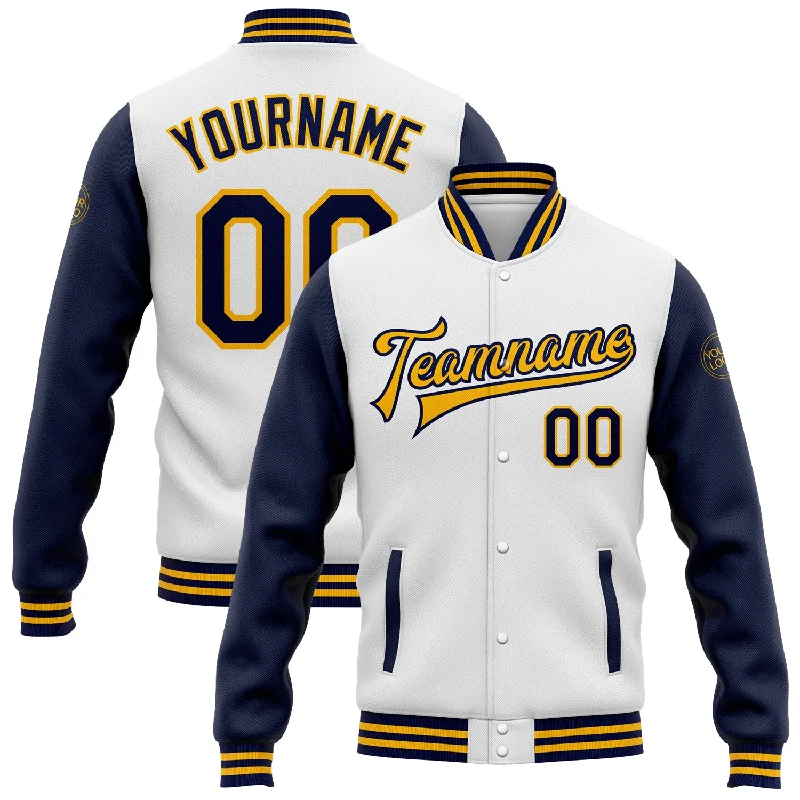 Versatile And Stylish Unisex Apparel Exclusive Fashion Deals Custom White Navy-Gold Bomber Full-Snap Varsity Letterman Two Tone Jacket