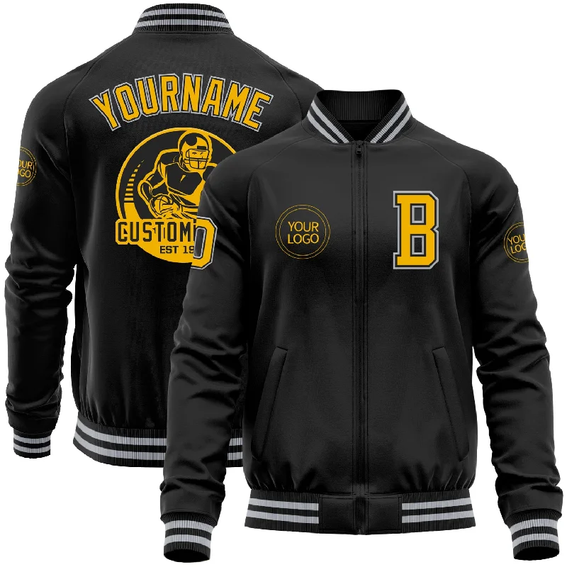 Comfortable Gender-Free Fashion Choices Stylish Looks Custom Black Gold-Gray Bomber Varsity Letterman Zipper Jacket