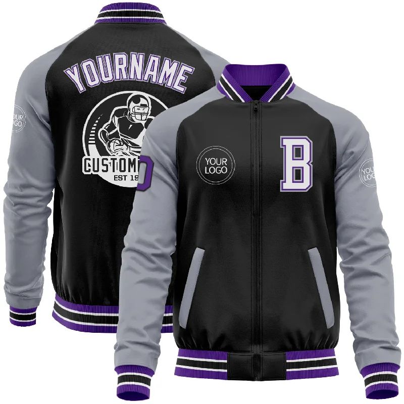 Stylish Unisex Outfit Ideas Fall Sale, Prices Drop Custom Black Purple-Gray Bomber Varsity Letterman Two Tone Zipper Jacket