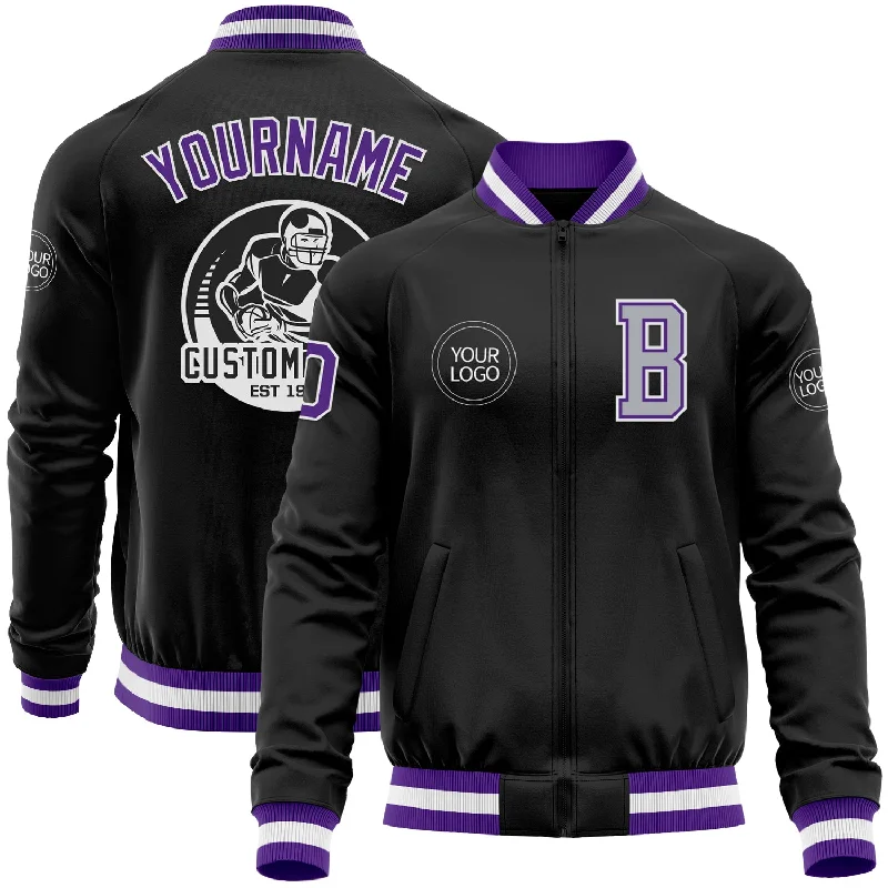 Gender-Neutral Clothing Styles Popular Collection Custom Black Purple-Gray Bomber Varsity Letterman Zipper Jacket