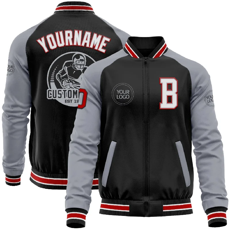 Oversized Unisex Fashion Pieces Chic And Trendy Custom Black Red-Gray Bomber Varsity Letterman Two Tone Zipper Jacket