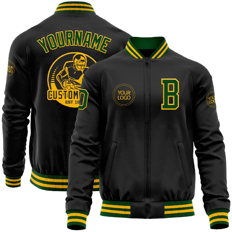 Functional And Stylish Unisex Outerwear Comfortable Chic Custom Black Gold-Green Bomber Varsity Letterman Zipper Jacket