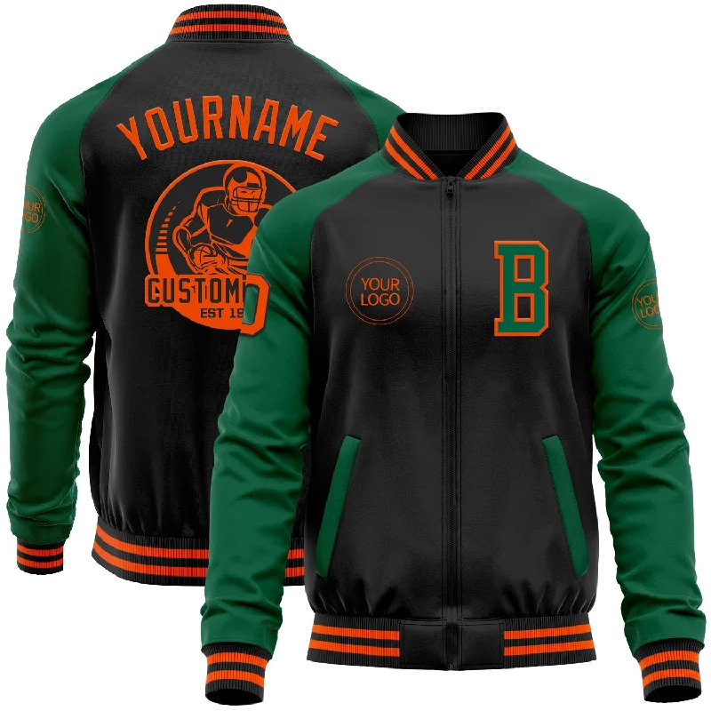 Classic And Timeless Unisex Style Seize Bargains Custom Black Orange-Kelly Green Bomber Varsity Letterman Two Tone Zipper Jacket