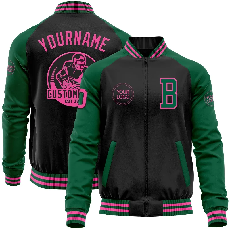 Modern Unisex Streetwear Outfits Budget Friendly Custom Black Pink-Kelly Green Bomber Varsity Letterman Two Tone Zipper Jacket