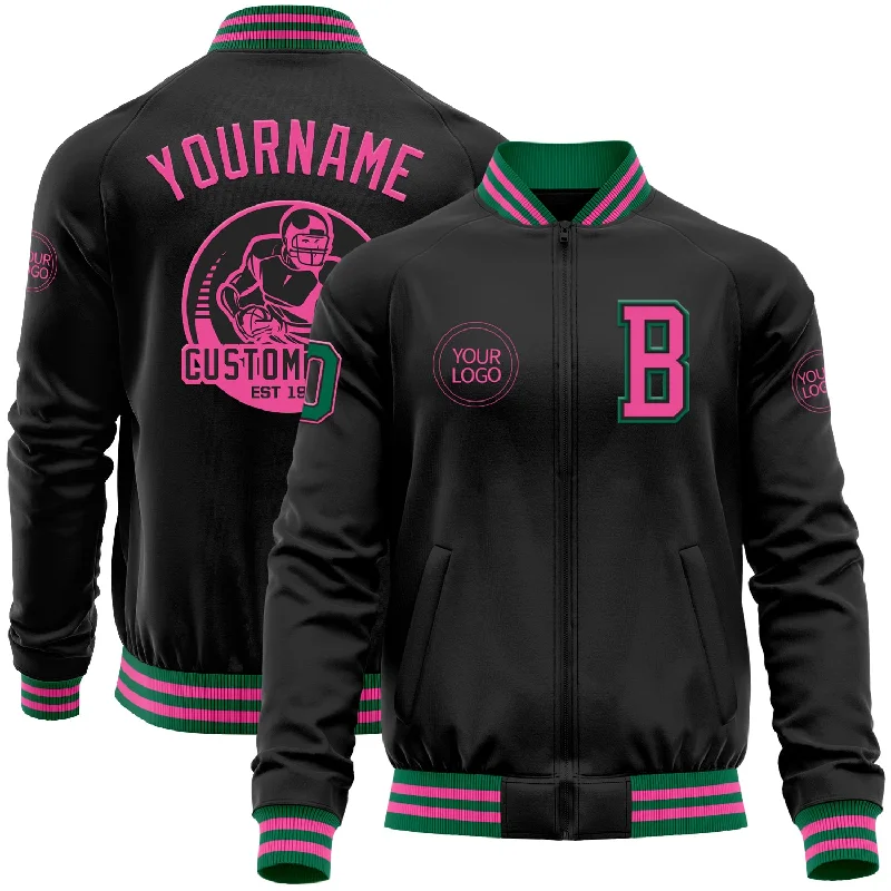 High-Quality Unisex Basics For Everyday Wear Chic And Edgy Custom Black Pink-Kelly Green Bomber Varsity Letterman Zipper Jacket