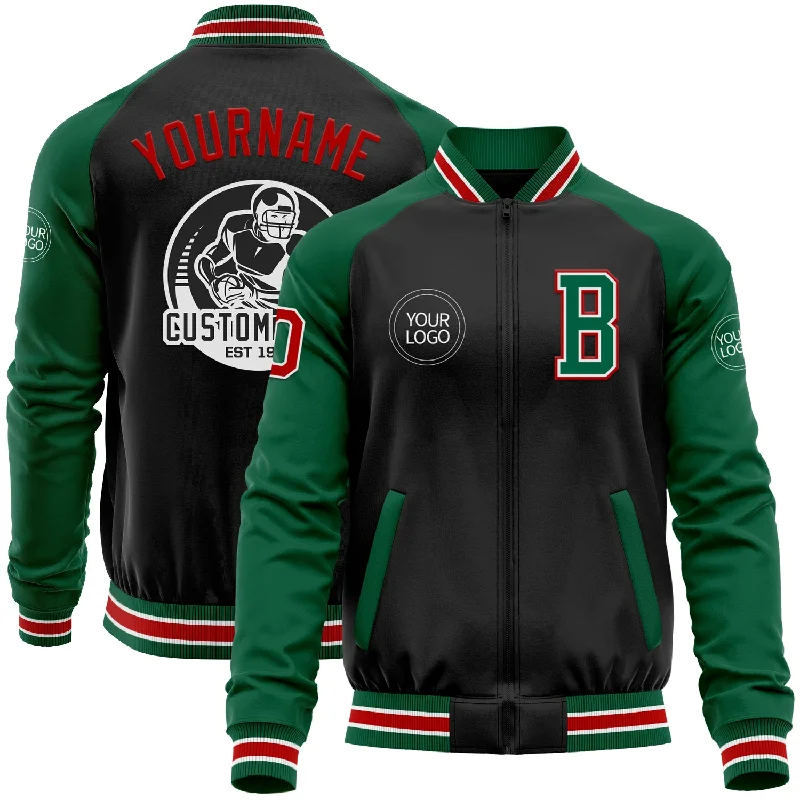 High-Quality Unisex Basics For Everyday Wear Flash Sale Custom Black Red-Kelly Green Bomber Varsity Letterman Two Tone Zipper Jacket