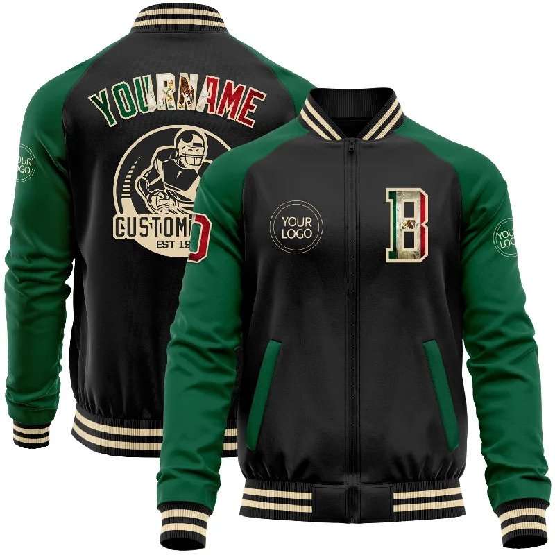 Chic And Contemporary Unisex Clothing Choices Popular Collection Custom Black Vintage Mexican Flag Kelly Green-Cream Bomber Varsity Letterman Two Tone Zipper Jacket