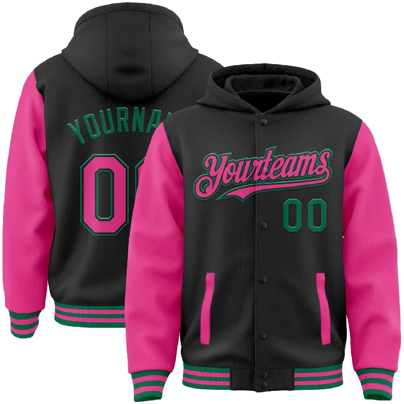 Casual Yet Sophisticated Unisex Fashion Unleash Your Trendy Side Custom Black Pink-Kelly Green Bomber Full-Snap Varsity Letterman Two Tone Hoodie Jacket