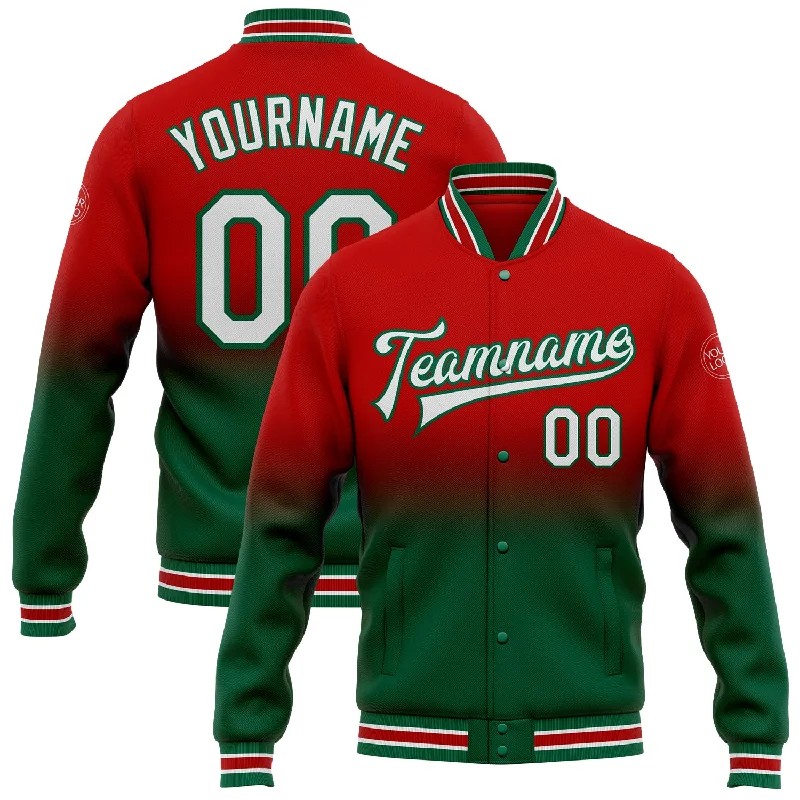 Minimalist Unisex Fashion Essentials Limited Time Custom Red White-Kelly Green Bomber Full-Snap Varsity Letterman Fade Fashion Jacket