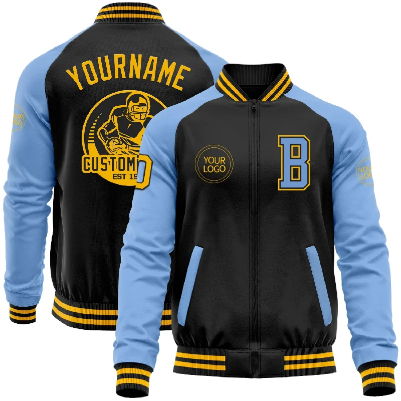 Gender-Neutral Fashion For Everyday Style Ride The Style Wave Custom Black Gold-Light Blue Bomber Varsity Letterman Two Tone Zipper Jacket