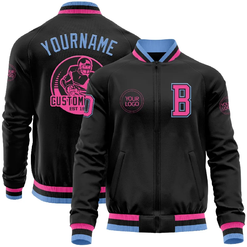 Oversized Unisex Apparel For Effortless Style Find Your Unique Flair Custom Black Pink-Light Blue Bomber Varsity Letterman Zipper Jacket