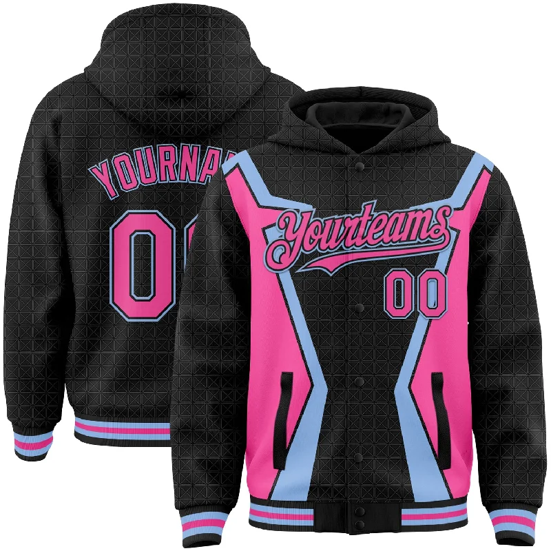 Versatile And Stylish Unisex Apparel Hot Styles Custom Black Pink-Light Blue Arrow 3D Pattern Design Bomber Full-Snap Varsity Letterman Hoodie Jacket