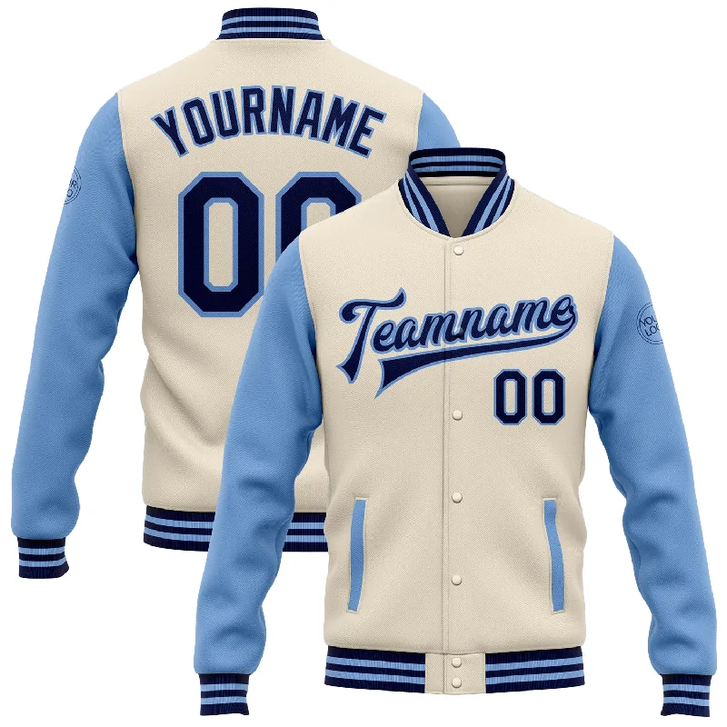 Casual Yet Sophisticated Unisex Fashion Special Offer Custom Cream Navy-Light Blue Bomber Full-Snap Varsity Letterman Two Tone Jacket