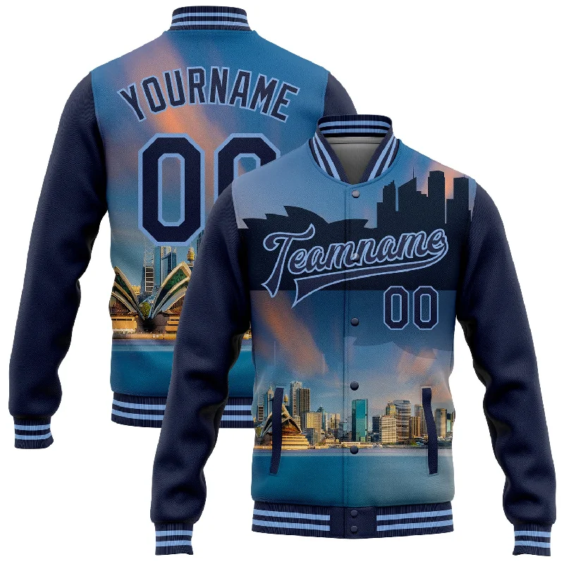 Sustainable Gender-Neutral Apparel Casual Fashion Custom Light Blue Navy Sydney Australia City Edition 3D Bomber Full-Snap Varsity Letterman Jacket