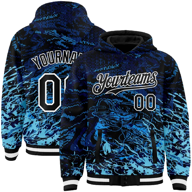 Gender-Neutral Fashion For Everyday Style End-Of-Season Clearance Custom Navy Black-Light Blue Tuna Fish Fishing 3D Bomber Full-Snap Varsity Letterman Hoodie Jacket