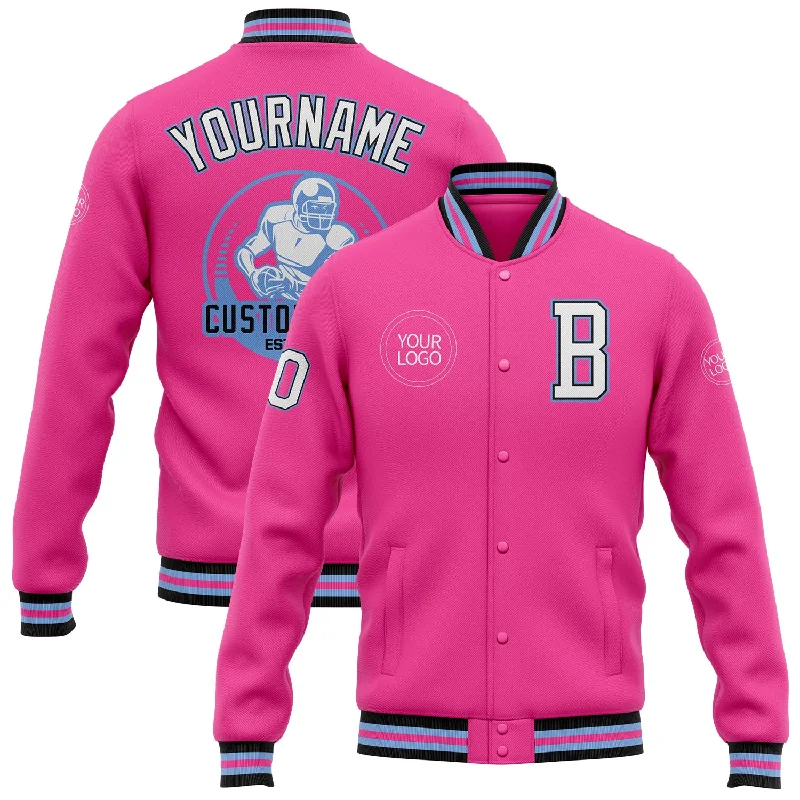 Everyday Wear For Men And Women Feminine Style Promotions Custom Pink White Light Blue-Black Bomber Full-Snap Varsity Letterman Jacket