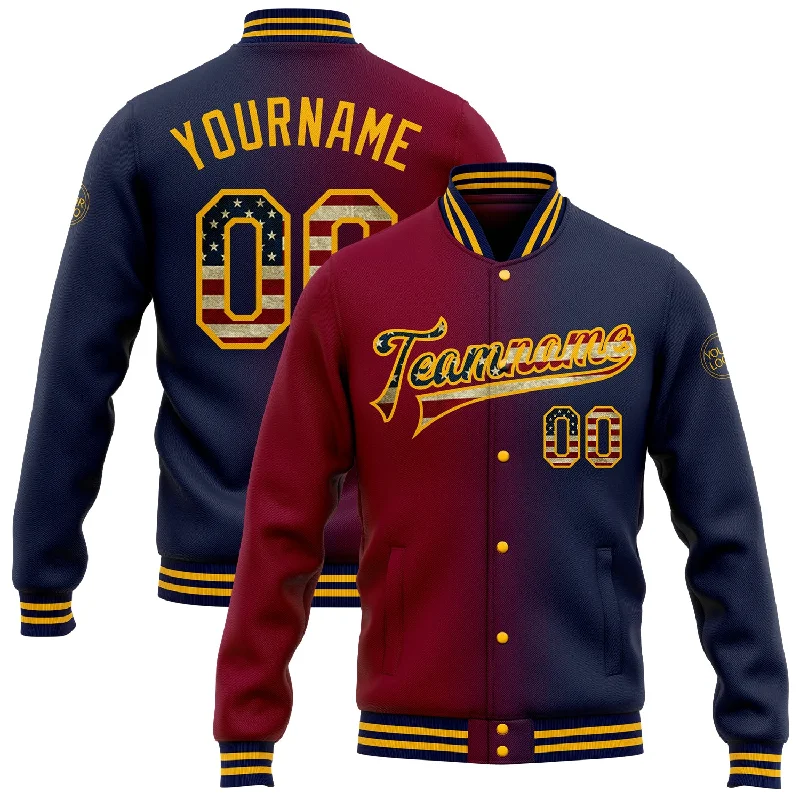 Comfortable And Stylish Unisex Outfits Fashion-Forward Offers Custom Navy Vintage USA Flag Maroon-Gold Bomber Full-Snap Varsity Letterman Gradient Fashion Jacket