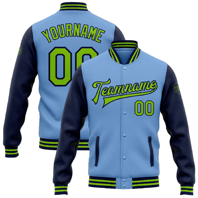 Oversized And Relaxed Unisex Fashion Trend Forward Threads Custom Light Blue Neon Green-Navy Bomber Full-Snap Varsity Letterman Two Tone Jacket