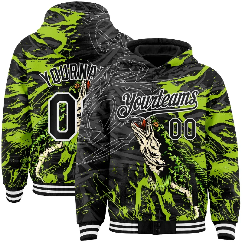 High-Quality Unisex Basics For Everyday Wear Seasonal Sale Custom Black Neon Green-White Snakehead Fish Fishing 3D Bomber Full-Snap Varsity Letterman Hoodie Jacket