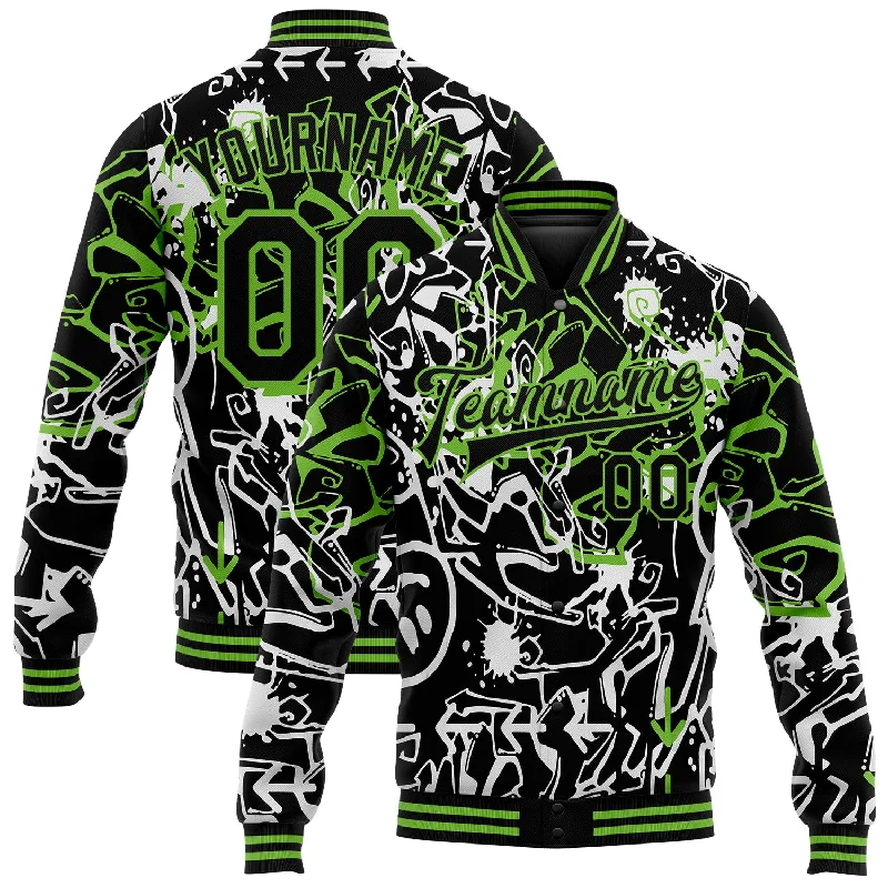 Classic And Timeless Gender-Neutral Fashion Limited Styles Custom Graffiti Pattern Black-Neon Green Abstract Grunge Art 3D Bomber Full-Snap Varsity Letterman Jacket