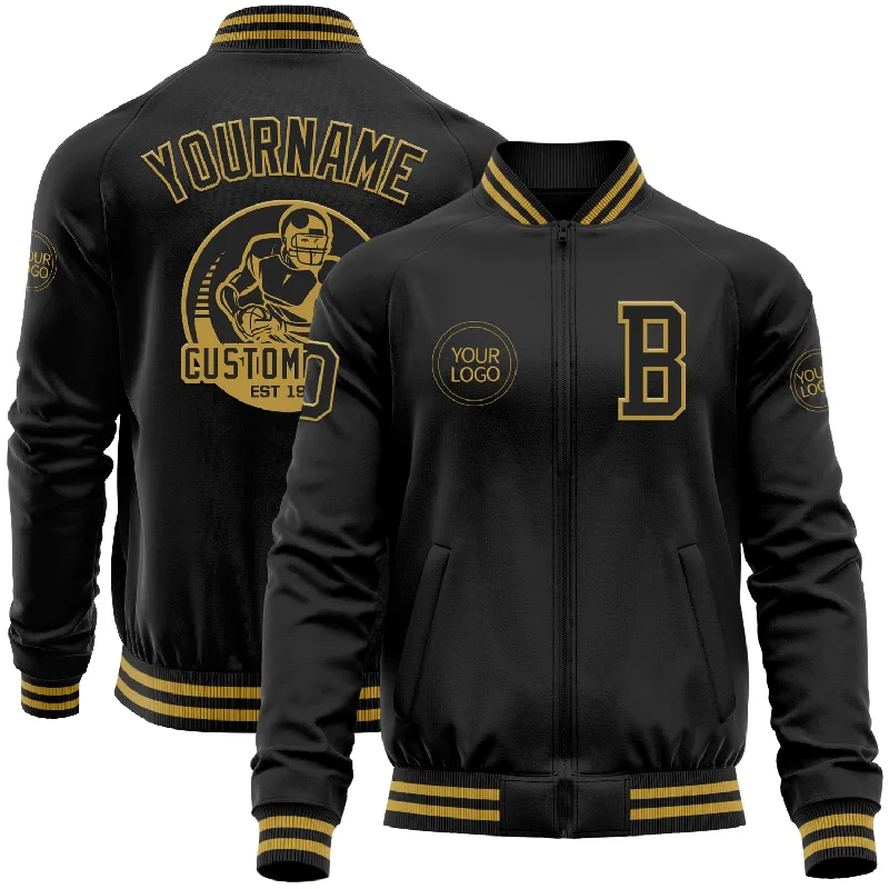 Trendy Unisex Trendy Street Style Custom Black Old Gold Bomber Varsity Letterman Zipper Jacket