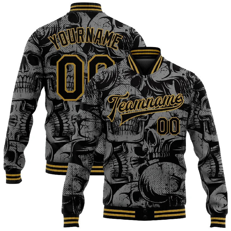 Fashion-Forward Unisex Apparel Mega Sale Custom Black Old Gold Skull Fashion 3D Bomber Full-Snap Varsity Letterman Jacket