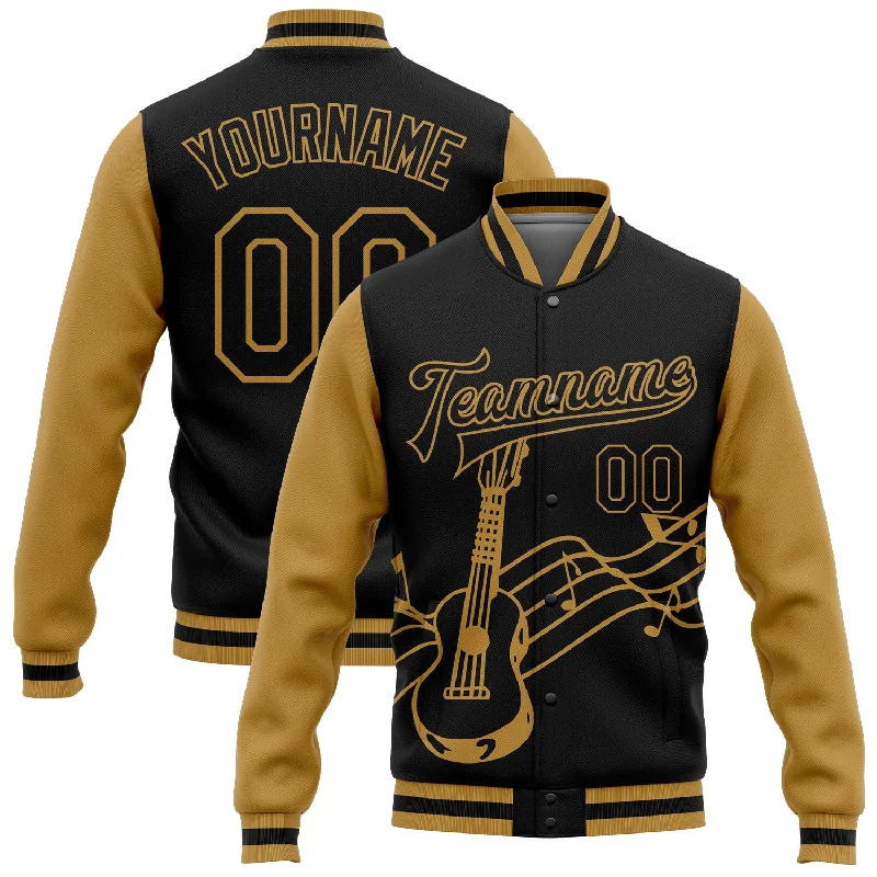 Lightweight And Breathable Unisex Wear Timeless Style Promotions Custom Black Old Gold Guitar Music Festival 3D Pattern Design Bomber Full-Snap Varsity Letterman Jacket