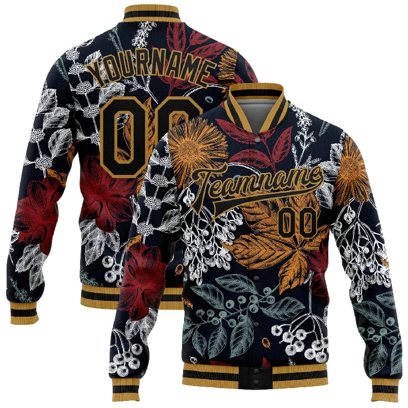 Unisex Everyday Fashion Essentials Urban Fashion Custom Black Old Gold Flowers And Branches 3D Pattern Design Bomber Full-Snap Varsity Letterman Jacket