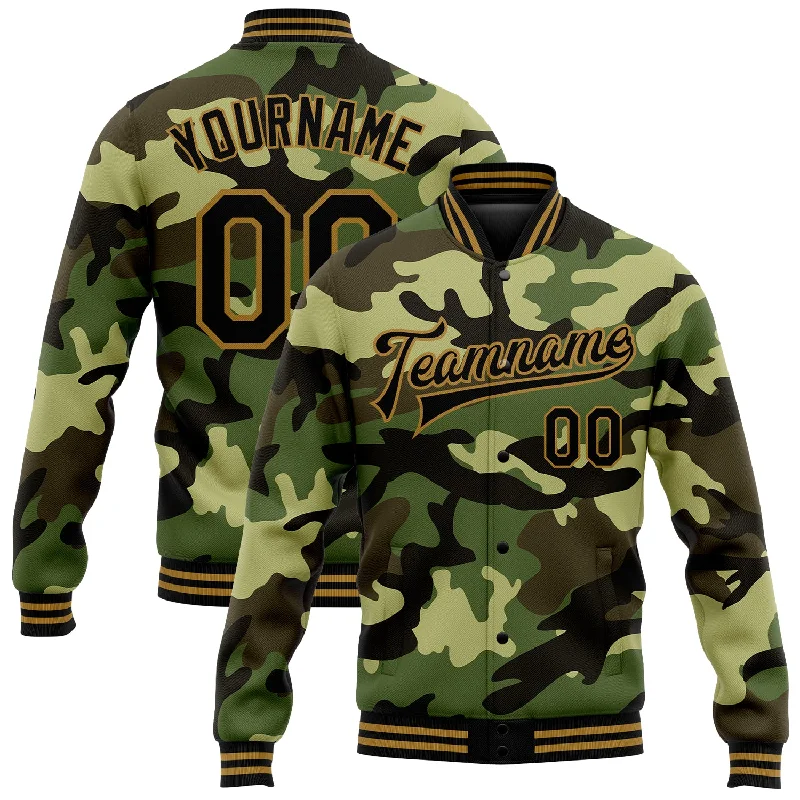 Gender-Neutral Clothing Styles Fashion Essentials Custom Camo Black-Old Gold Jungle Camouflage 3D Bomber Full-Snap Varsity Letterman Salute To Service Jacket