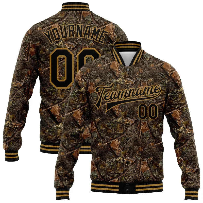 Relaxed-Fit Unisex Clothing Options Elegant Fashion Offers Custom Camo Black-Old Gold Realistic Forest Camouflage 3D Bomber Full-Snap Varsity Letterman Salute To Service Jacket