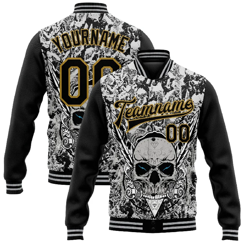 Sustainable Gender-Neutral Apparel Effortless Style, Endless Impact Custom Gray Black-Old Gold Skull With Feather 3D Bomber Full-Snap Varsity Letterman Two Tone Jacket