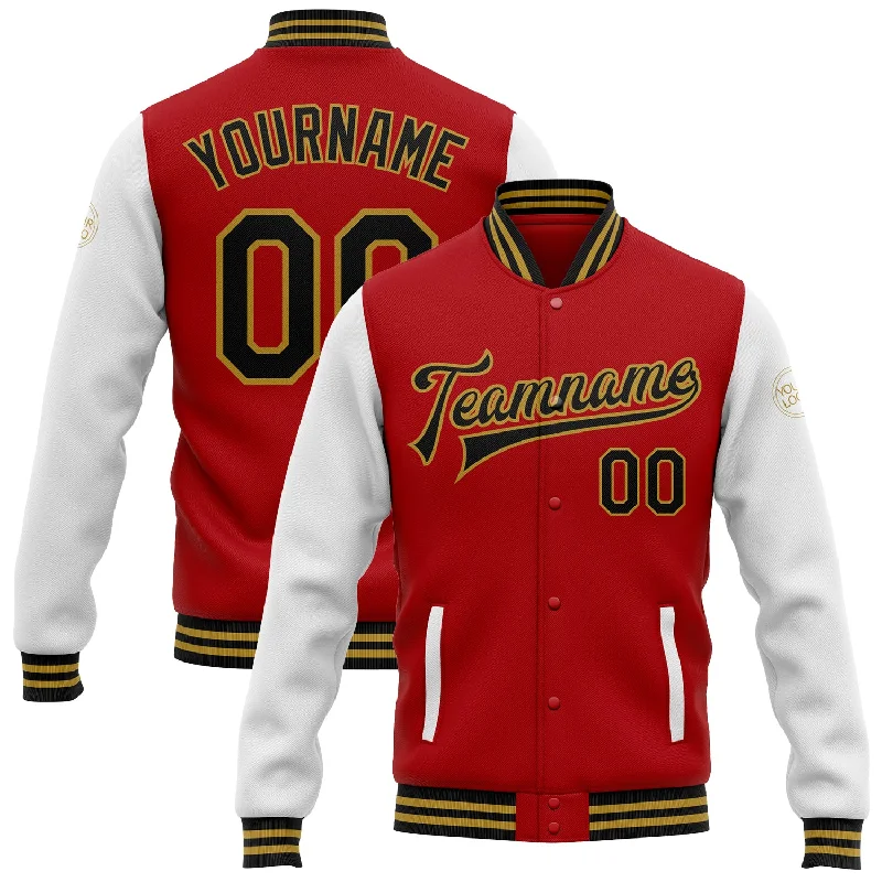 Gender-Neutral Trendy Clothing Styles Cool Prices Custom Red Black-Old Gold Bomber Full-Snap Varsity Letterman Two Tone Jacket