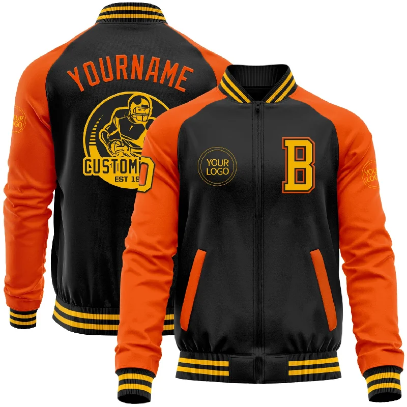 Chic And Casual Unisex Fashion Trends Crazy Price Slashing Custom Black Gold-Orange Bomber Varsity Letterman Two Tone Zipper Jacket