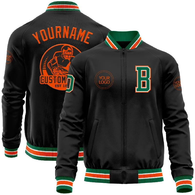 Sleek And Contemporary Gender-Free Outfits Summer Deals Custom Black Kelly Green-Orange Bomber Varsity Letterman Zipper Jacket