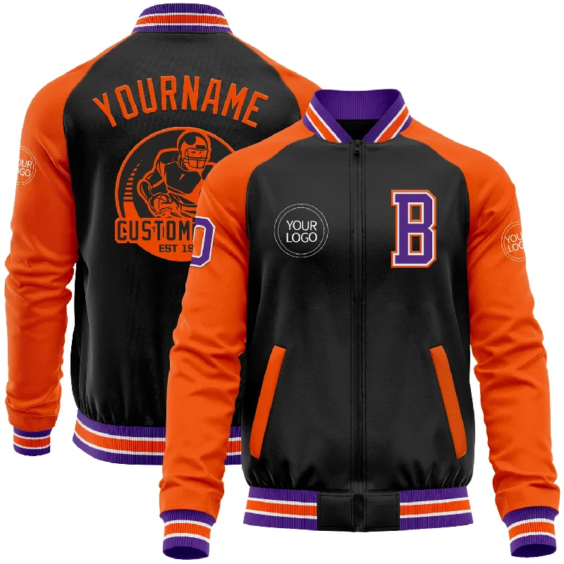 Sleek And Stylish Unisex Outerwear Big Discounts Custom Black Purple-Orange Bomber Varsity Letterman Two Tone Zipper Jacket