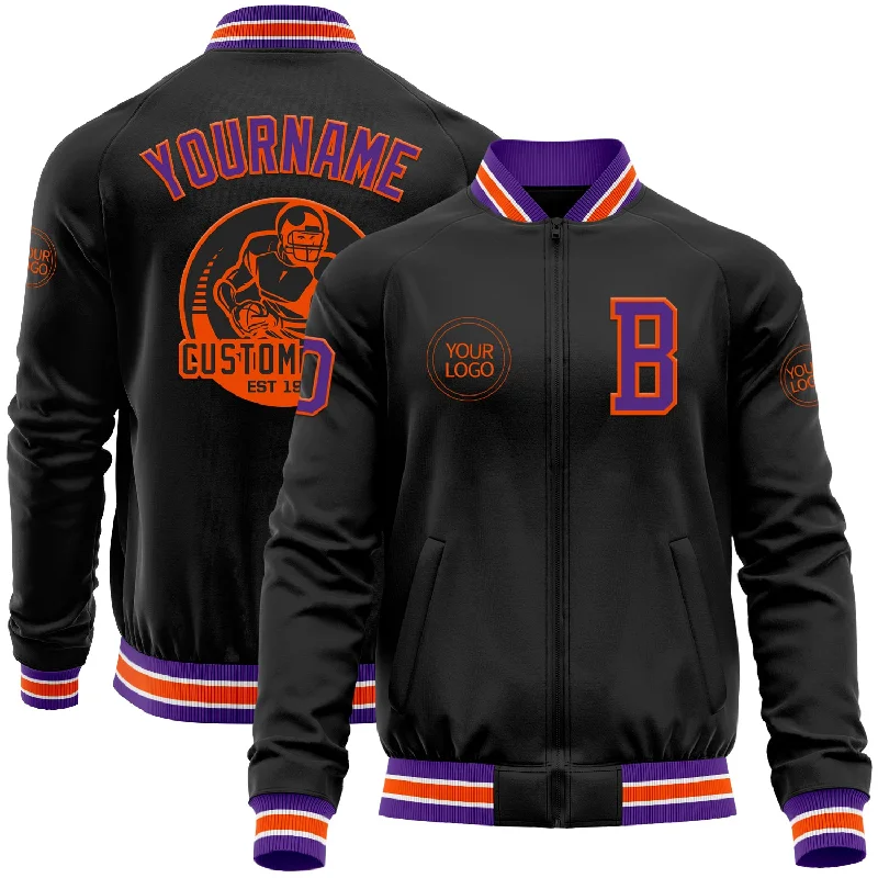 High-Quality Unisex Basics For Everyday Wear Fashion Forward Custom Black Purple-Orange Bomber Varsity Letterman Zipper Jacket