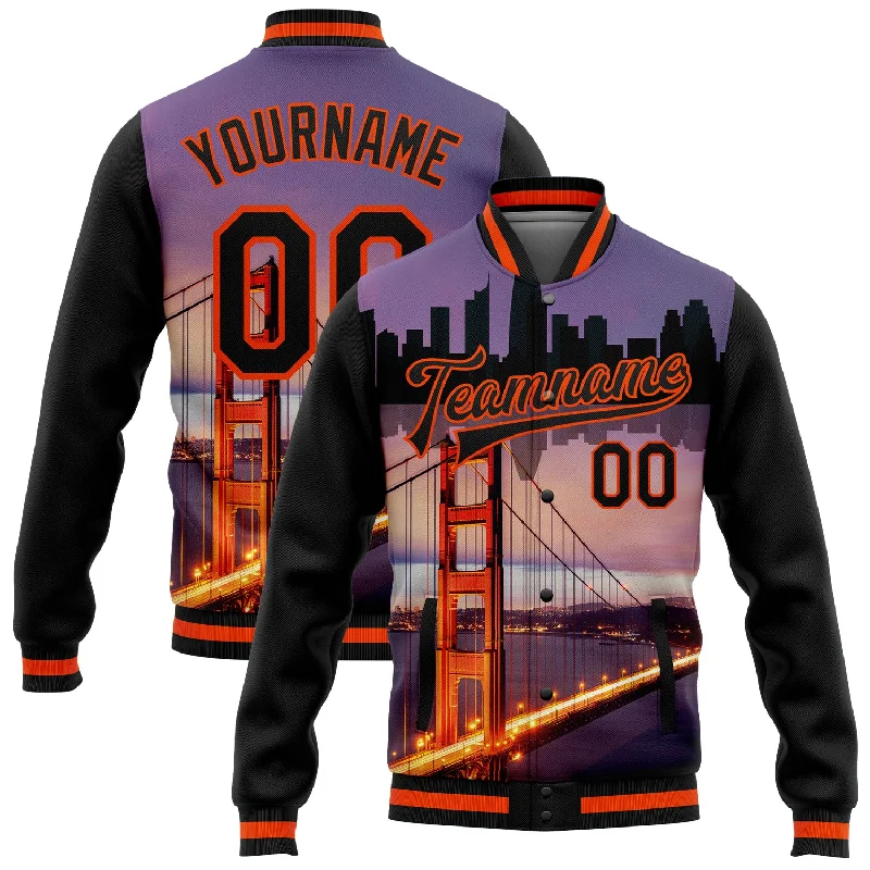 Classic And Timeless Gender-Neutral Fashion Fashion-Forward Custom Black Orange The Golden Gate Bridge San Francisco California City Edition 3D Bomber Full-Snap Varsity Letterman Jacket