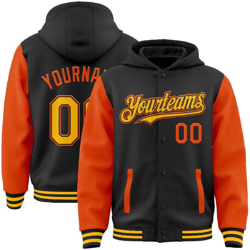 Fashion-Forward Gender-Neutral Outerwear Snag Fabulous Fashion Bargains Custom Black Gold-Orange Bomber Full-Snap Varsity Letterman Two Tone Hoodie Jacket