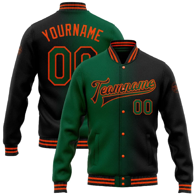 Minimalist Unisex Wardrobe Must-Haves Playful Fashion Offers Custom Black Kelly Green-Orange Bomber Full-Snap Varsity Letterman Gradient Fashion Jacket